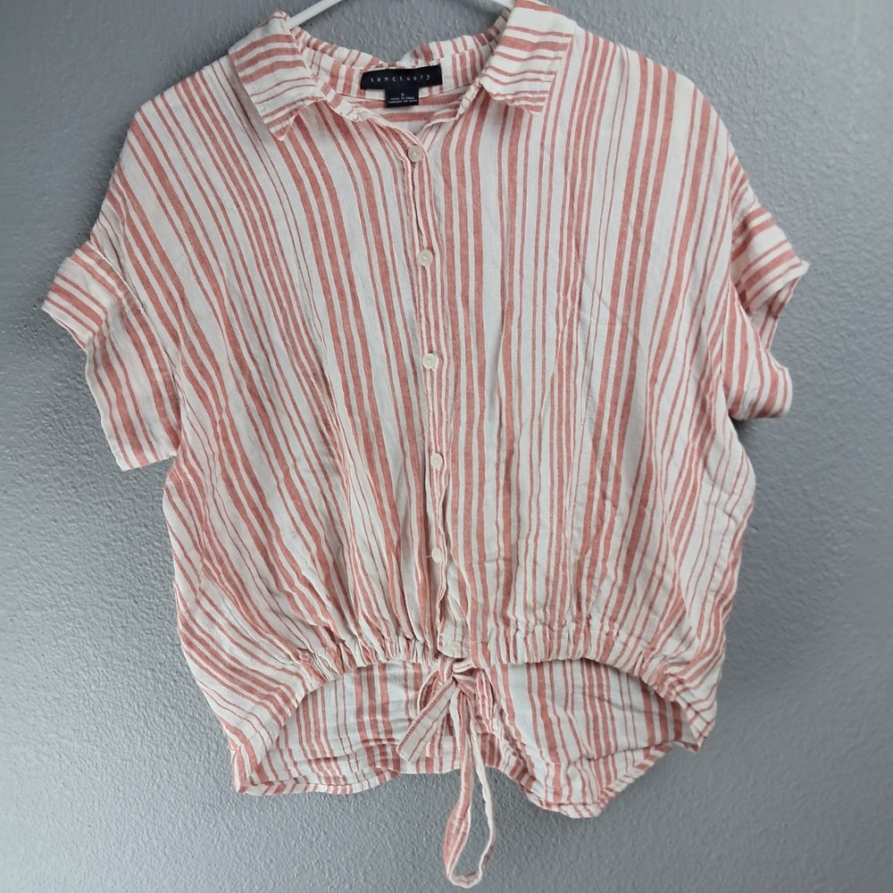 Sanctuary Tie-Front Top Striped Button Down Short Sleeve Casual Size S